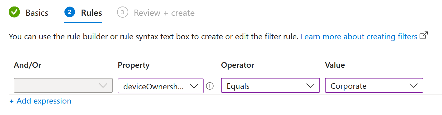 screenshot of filter expression